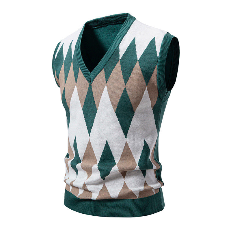 Men's Knitted Sleeveless Elegant Diamond Pattern Sweater