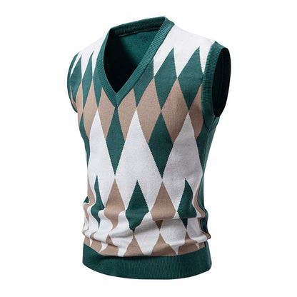 Men's Knitted Sleeveless Elegant Diamond Pattern Sweater