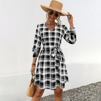 Women's Plaid Dress with Waist Belt, Modern Chic