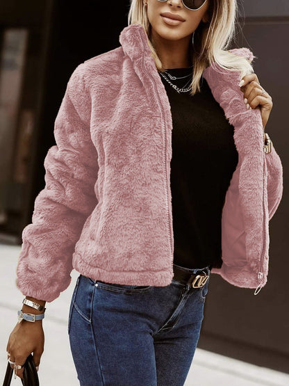 Women's Soft Teddy Bomber Jacket with Zipper