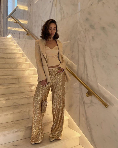 Glittery Women's Trousers Elegant Palazzo Style