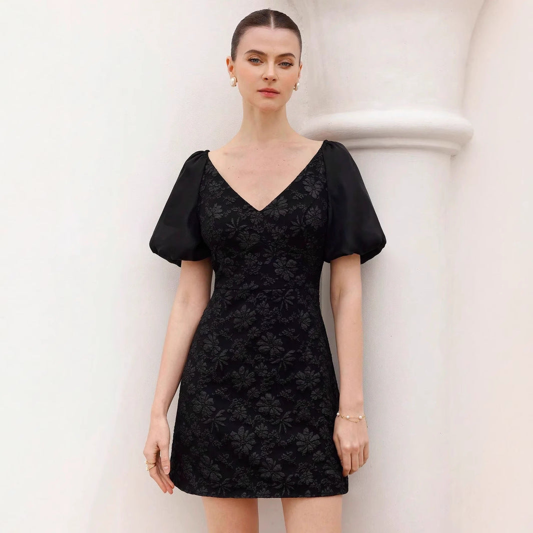 Short women's dress puff sleeves floral print