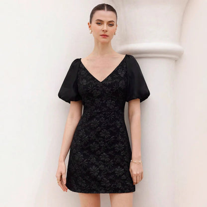 Short women's dress puff sleeves floral print