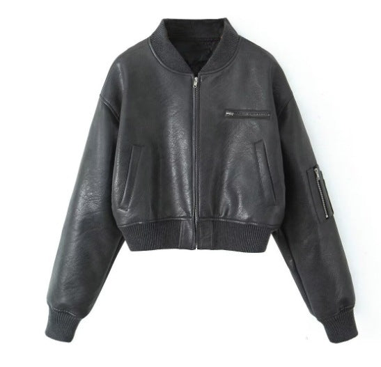 Leder Bomberjacke Damen Trendy Schwarz