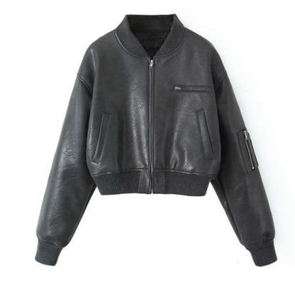 Leder Bomberjacke Damen Trendy Schwarz