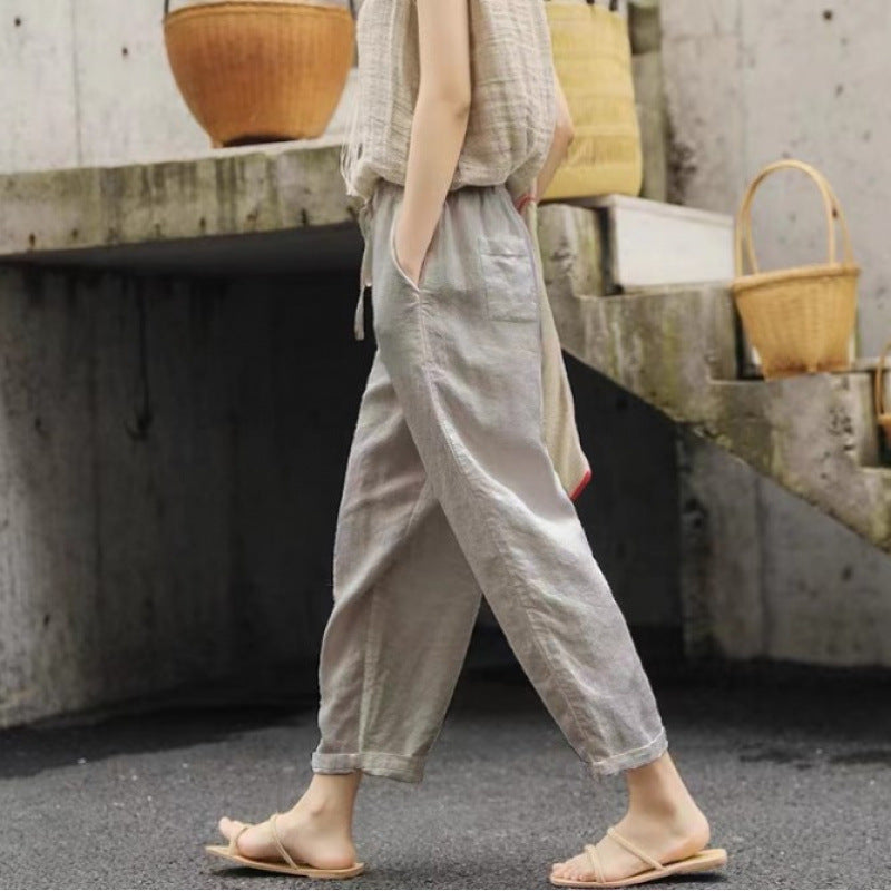 Women's Linen Trousers Comfortable Elastic with Pockets