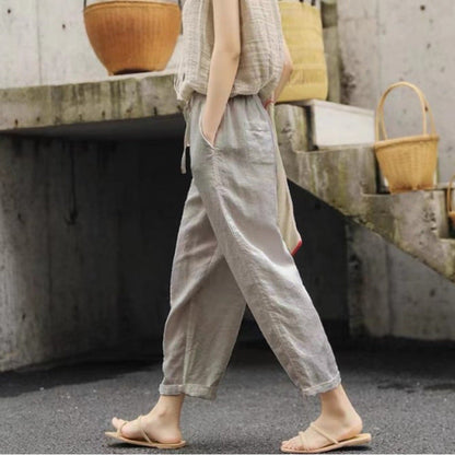 Women's Linen Trousers Comfortable Elastic with Pockets
