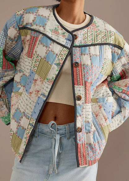 Stylish Patchwork Quilted Round Neck Cotton Jacket