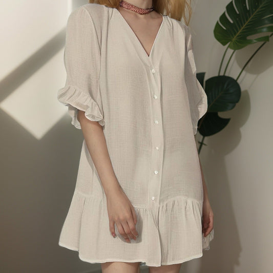 Damen Oberteil Kleid mit Puffärmeln und Rüschenabschluss - IdealeKleiden