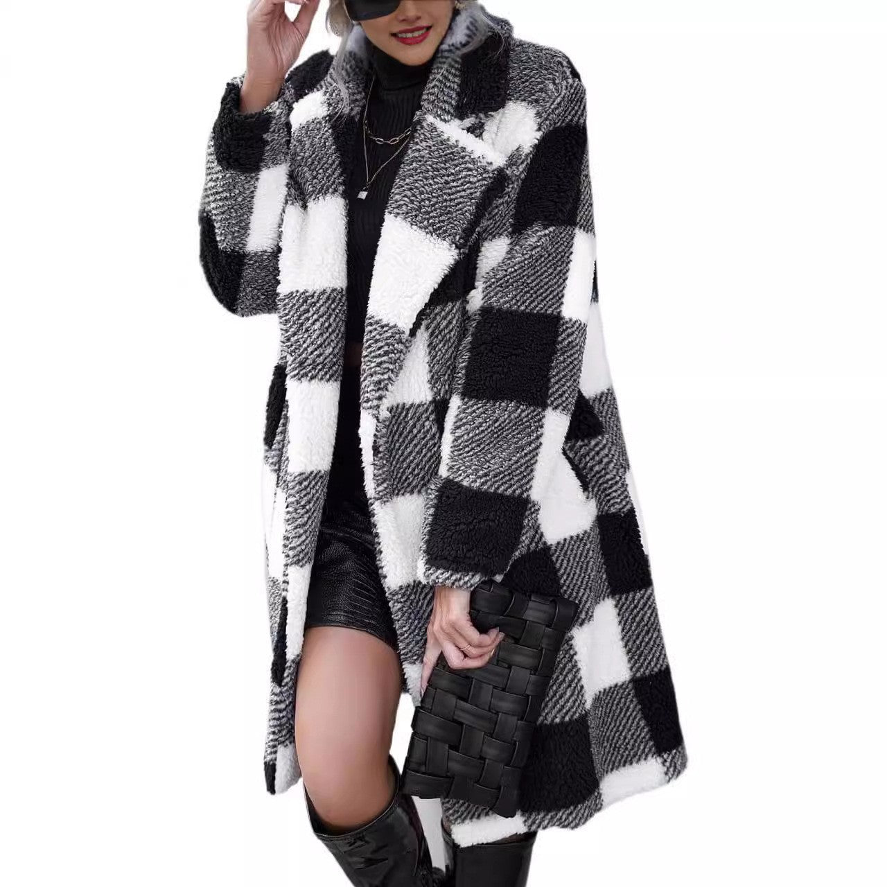 Long Oversized Sherpa Fleece Plaid Coat
