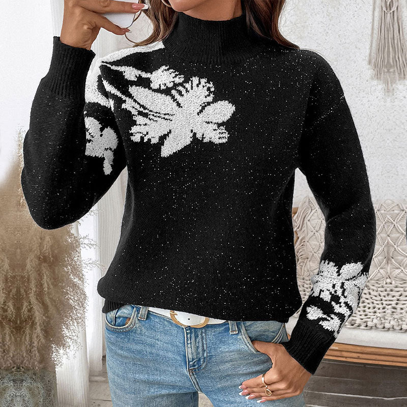Women's Floral High-Neck Elegant Pullover