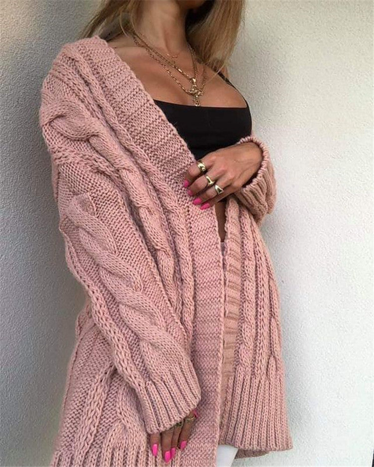 Oversized cable knit V-neck wool dress