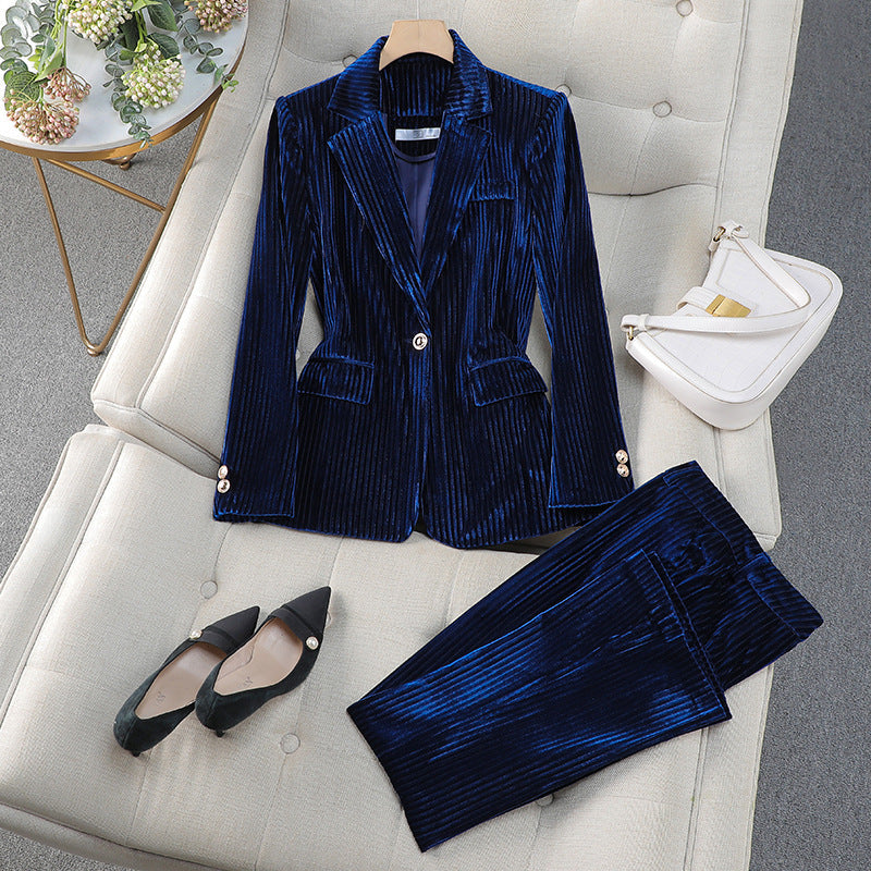 Women's Business Suit Set with Long Velvet Blazer