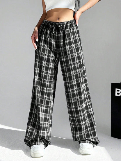 Women's Trousers Plaid Pattern Comfortable Cotton Elastic Waistband