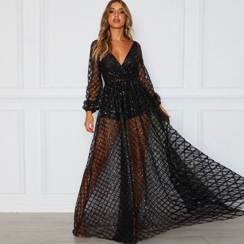 Women's Elegant Sheer Dress with Glitter Accents