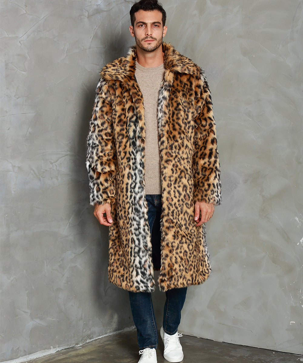 Men's Faux Fur Coat Leopard Design Elegant Broad Collar