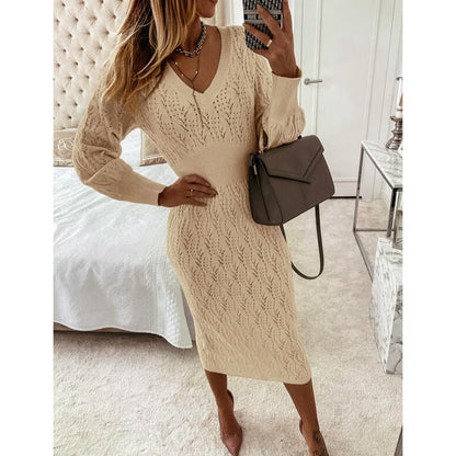 Women's Knitted Dress Elegant V-Neck Sheer Effect