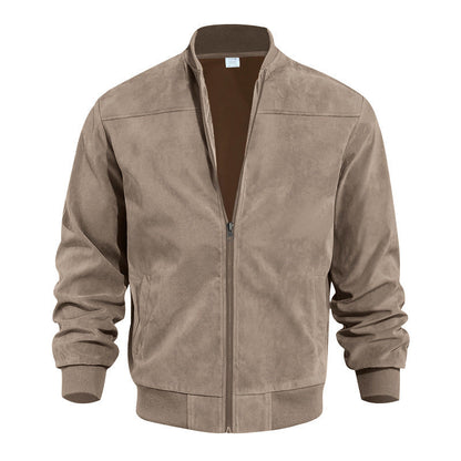 Leather coat bomber jacket suede look high collar elastic