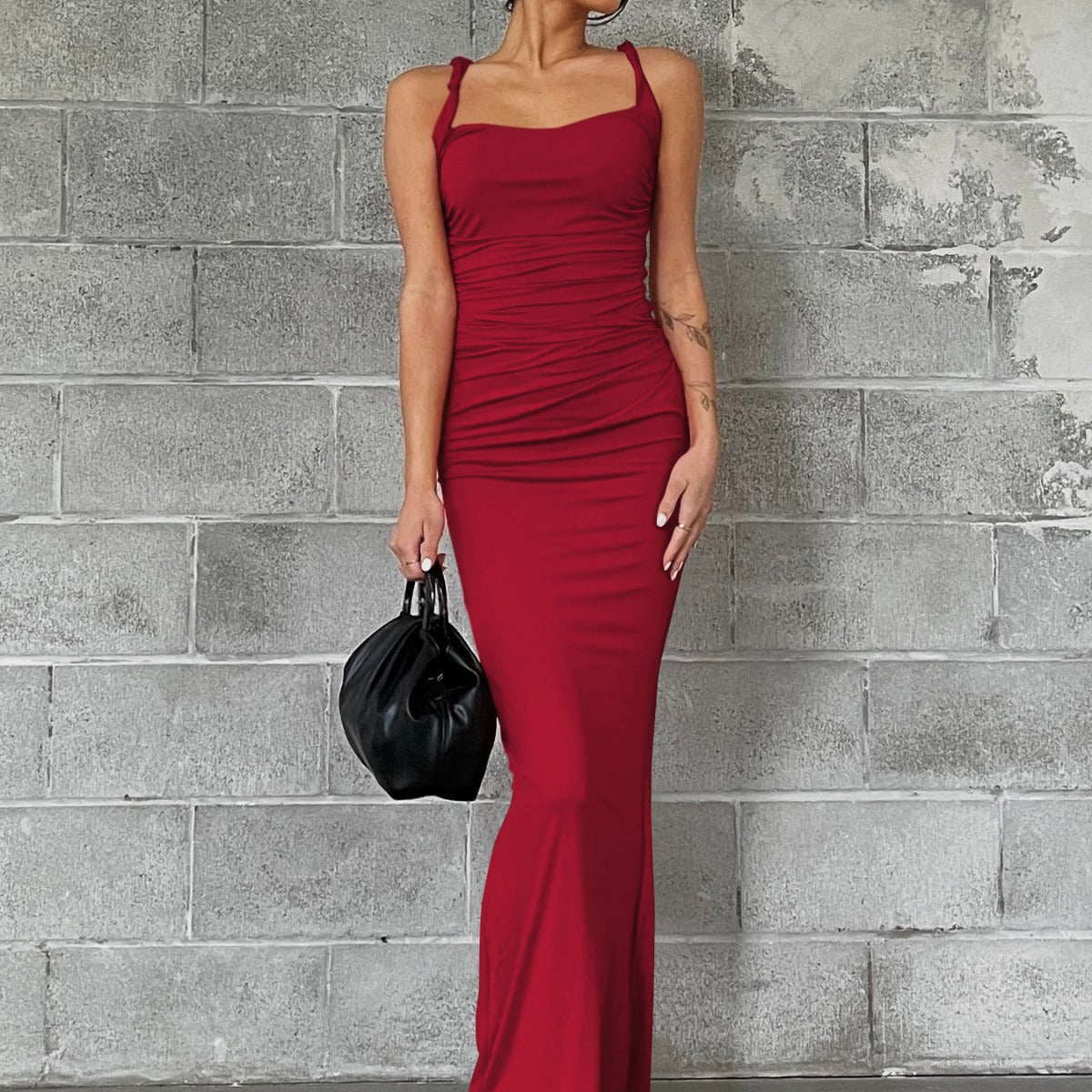 Damen Maxikleid Figurbetont Rüschen Elegant Lang - IdealeKleiden