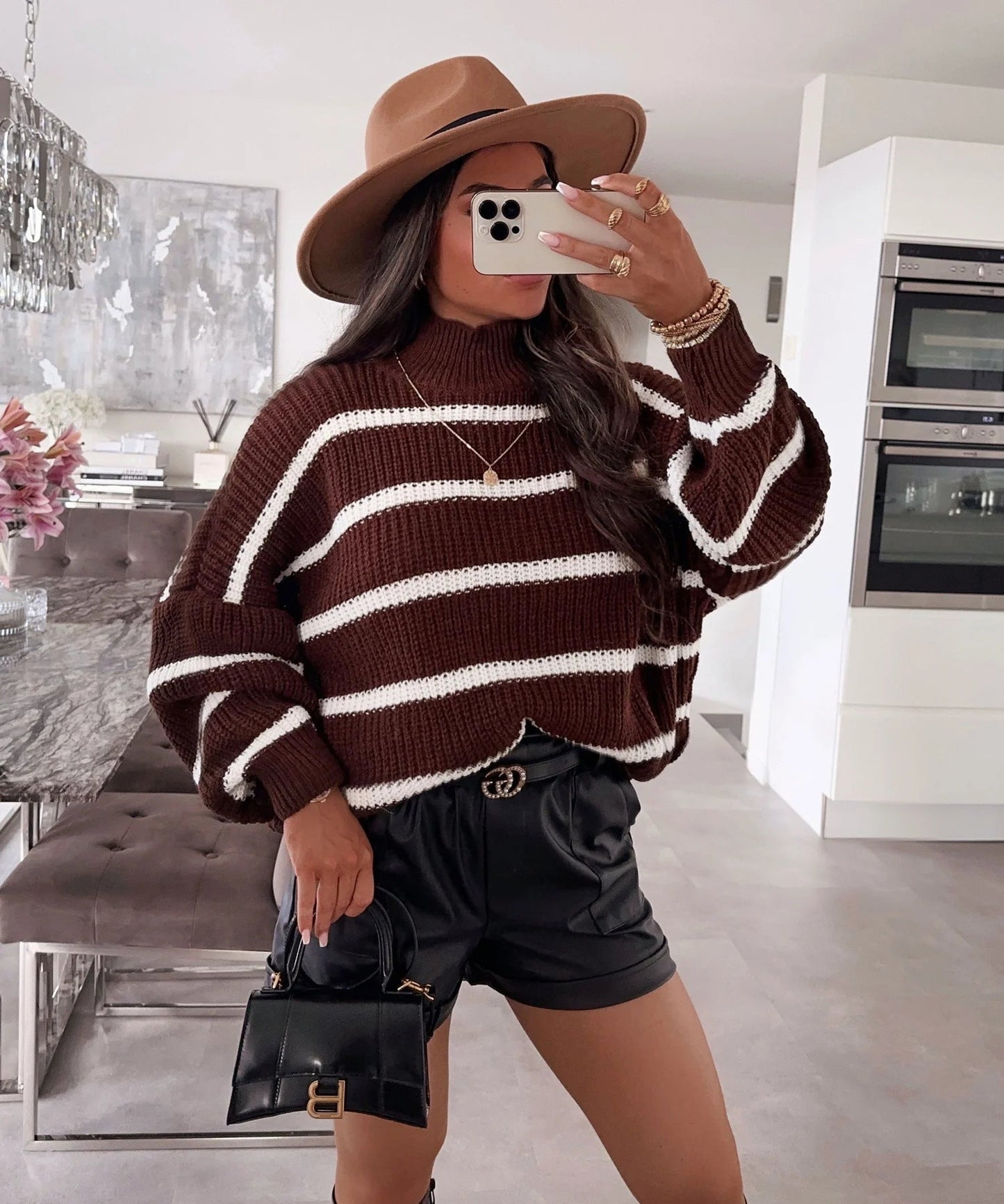 Women's Oversized Striped Turtleneck Sweater Modern