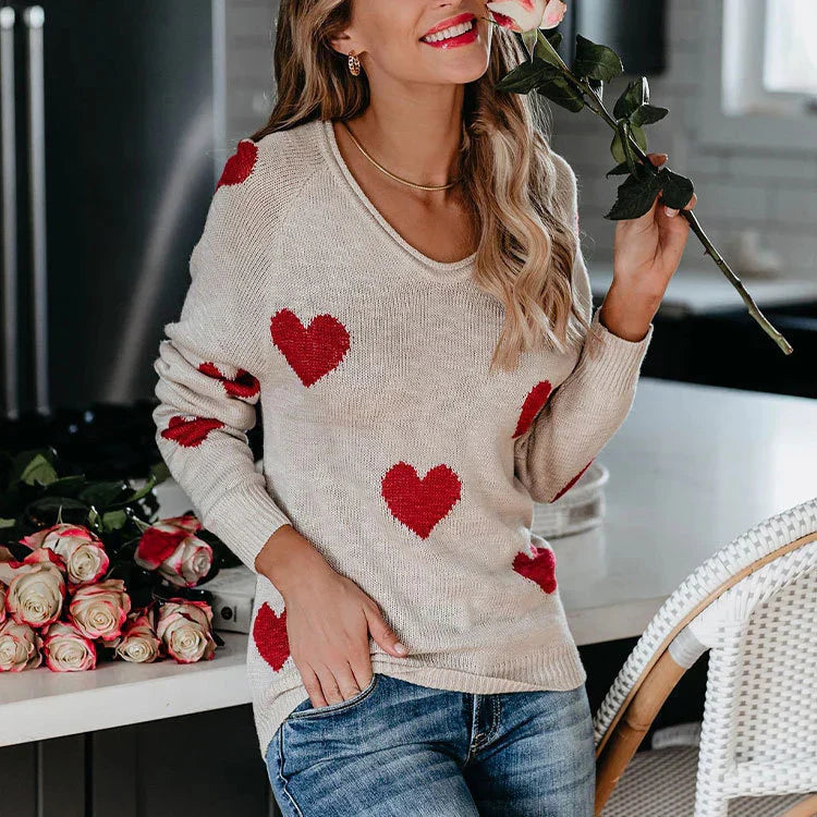 Damen Weihnachtspullover Herz Muster Festlich - IdealeKleiden