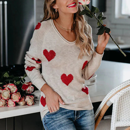Damen Weihnachtspullover Herz Muster Festlich - IdealeKleiden
