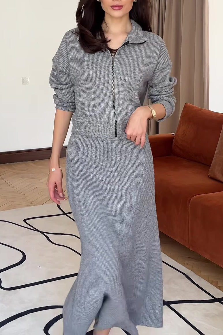 Knitted Zip-Up Top and Maxi Skirt Two-Piece Set
