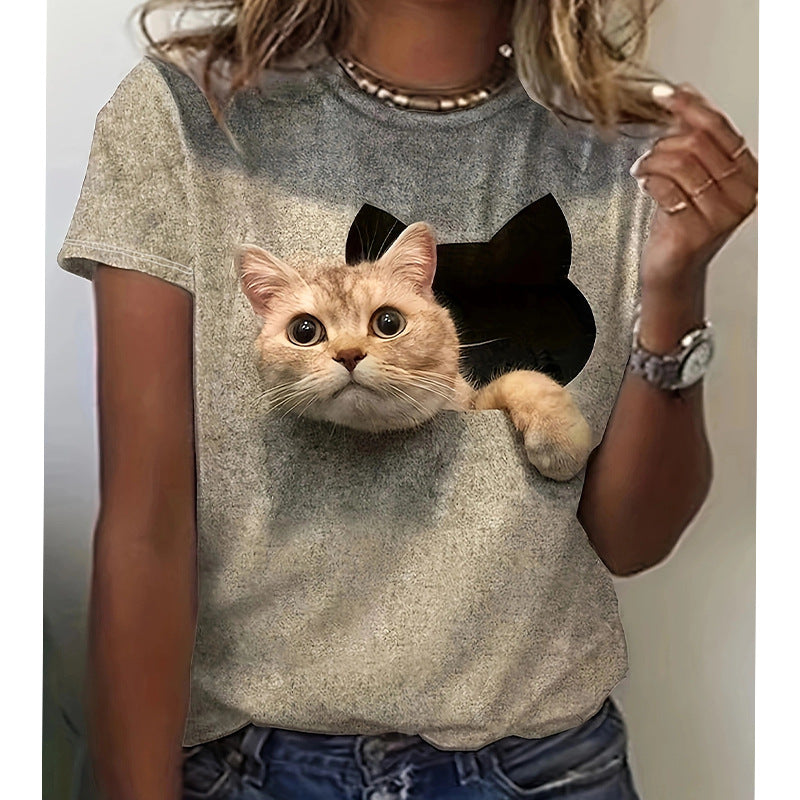 Damen T-Shirt 3D Katze Trendy Risslook - IdealeKleiden