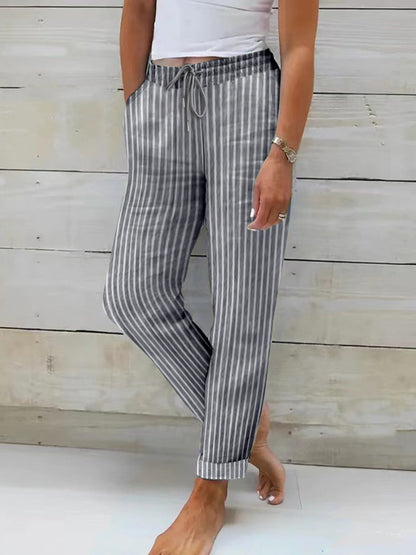 Women's Comfortable Cotton Trousers Striped Pattern Flexible Waistband