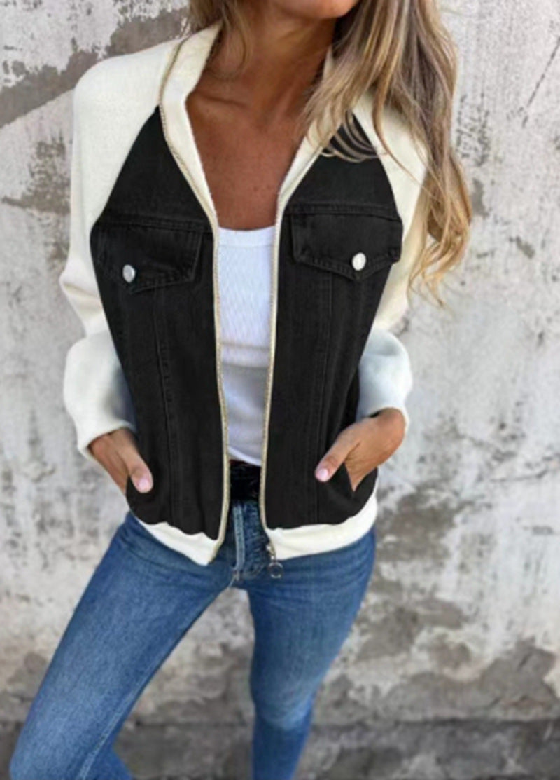 Women's Sweater Jacket Denim Style Fleece Sleeves