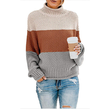 Women's Sweater Chunky Knit High Collar Modern Color Block