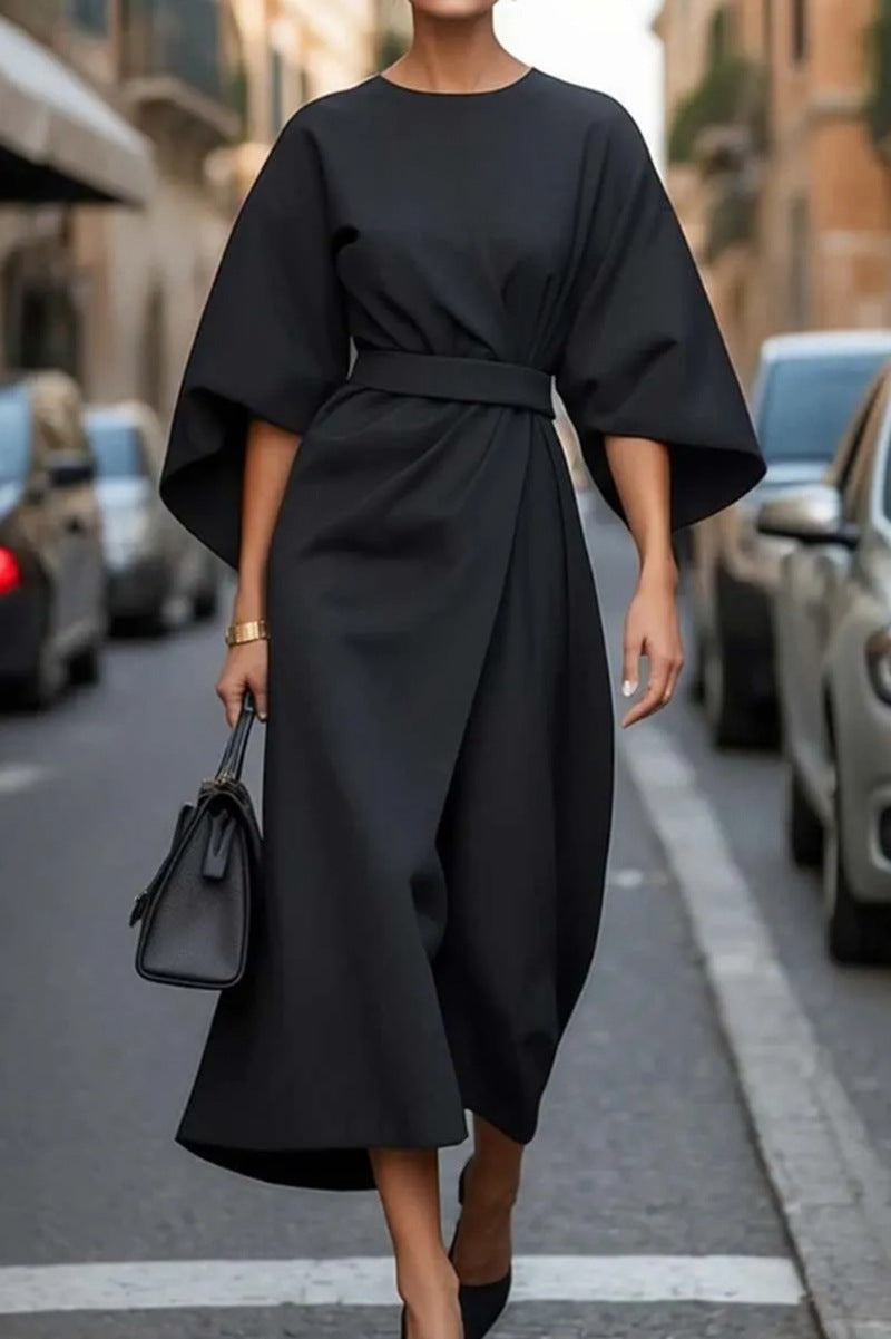 Women's Elegant Lace-Up Maxi Dress with Puff Sleeves
