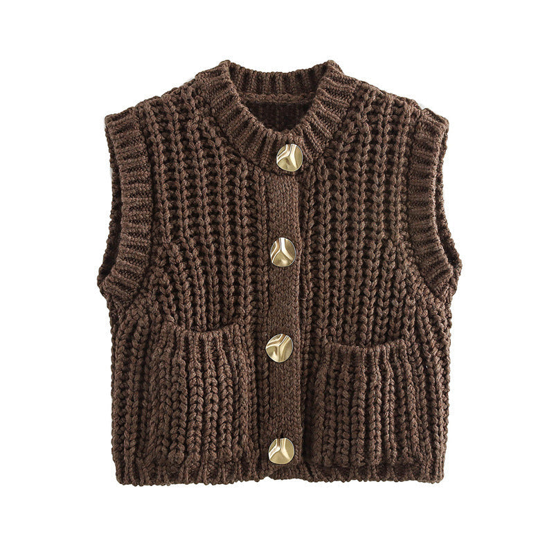 Damen Strickweste Elegant mit Knöpfen und Taschen