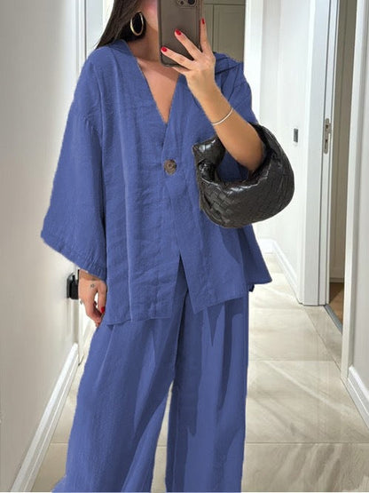 Elegant Dress Set: Loose Blouse and High-Waisted Trousers
