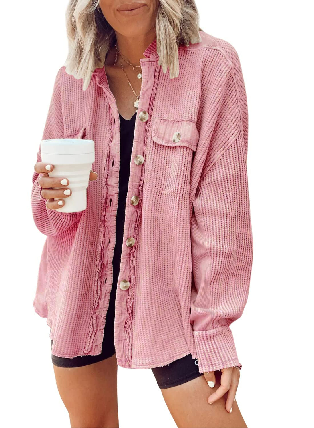 Women's Casual Textured Overshirt with Button Closure