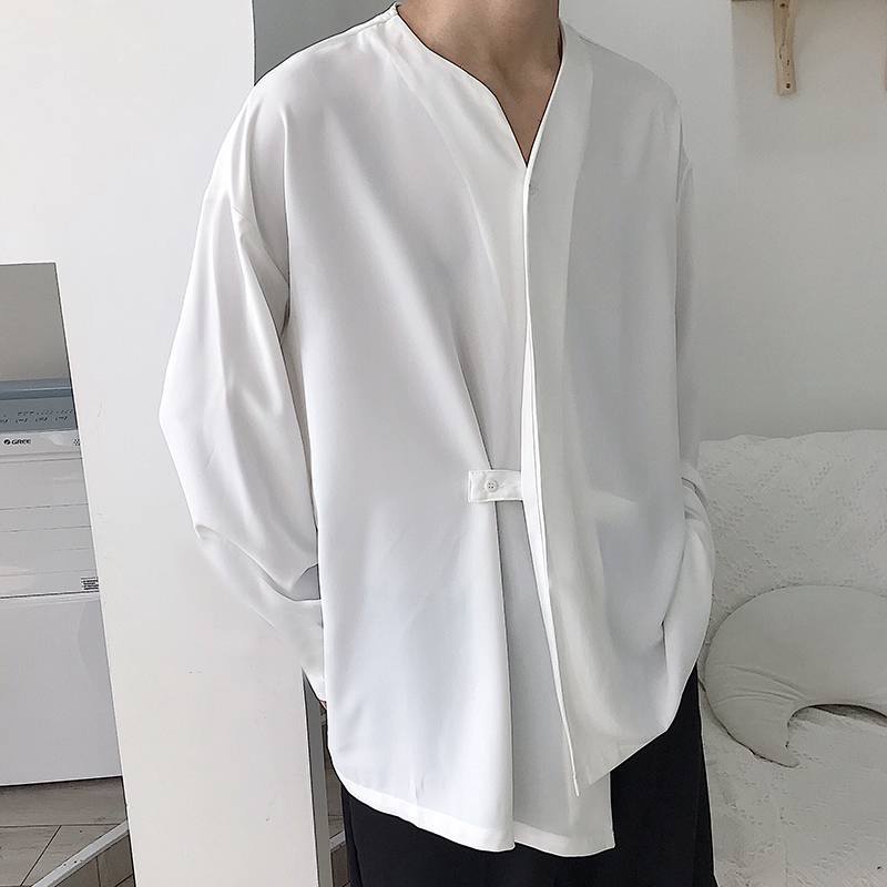 Men's Elegant Long Sleeve Shirt with Stand-Up Collar and Pockets