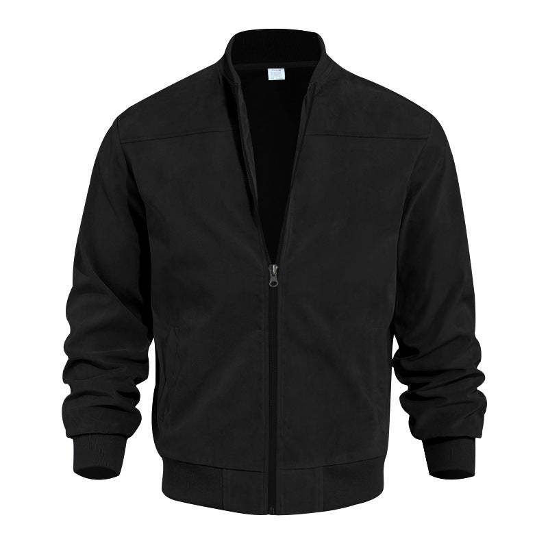 Leather coat bomber jacket suede look high collar elastic