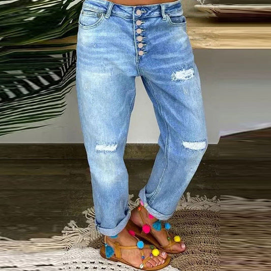 Damen Boyfriend Jeans Ripped Trendy Knopfleiste - IdealeKleiden