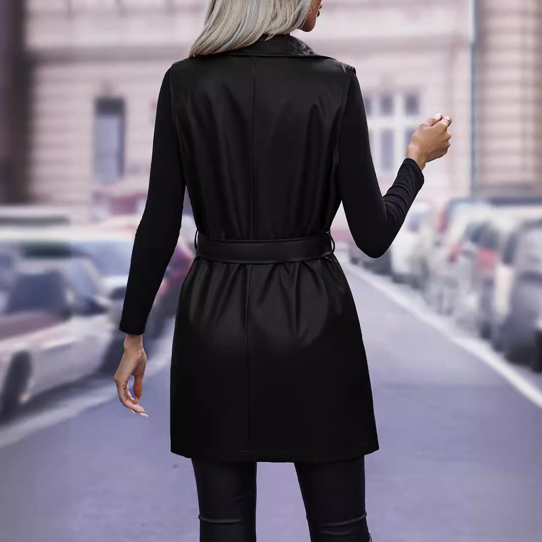 Kleid Lederoptik Taille Gürtel Ärmellos Oversized - IdealeKleiden