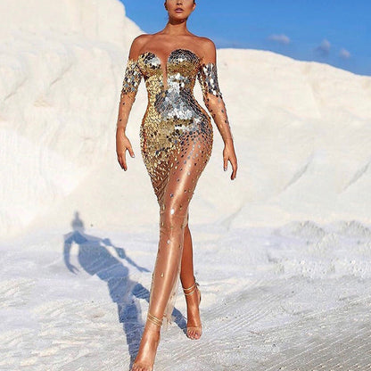 Sparkly Evening Dress for Women, Elegant, Sheer Sleeves