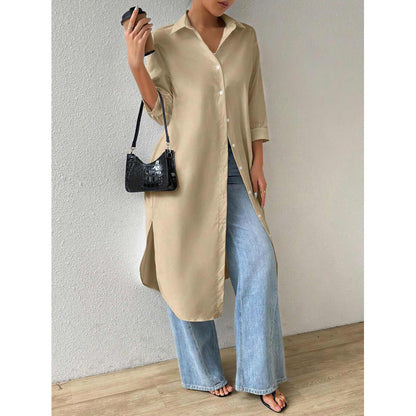 Damen Longline Knopfkleid Elegant Lang - IdealeKleiden