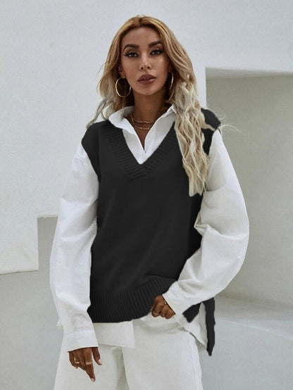 Women's Knitted Vest V-Neck Wide Rib Knit