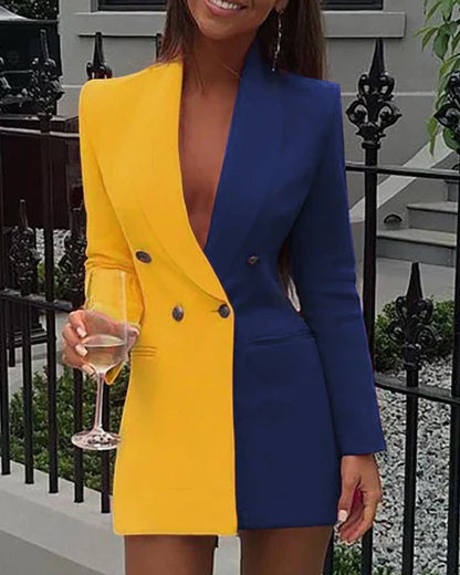 Women's Blazer Dress Tailored Fit Two-Tone V-Neck