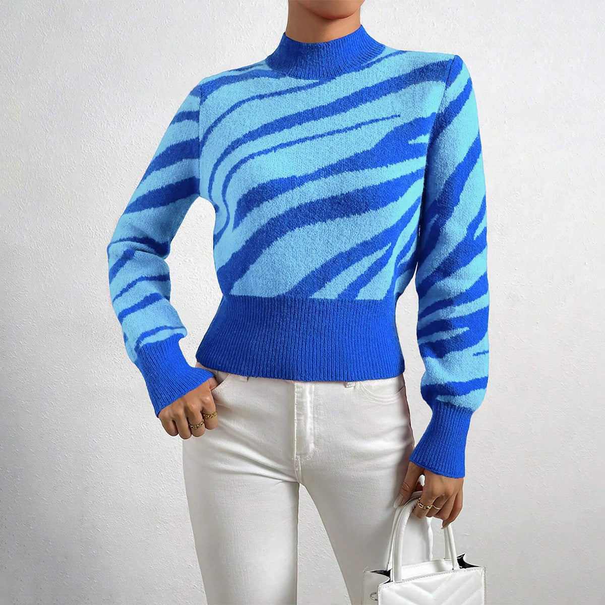 Zebra Strickpullover Damen Elegant Hochkragen - IdealeKleiden