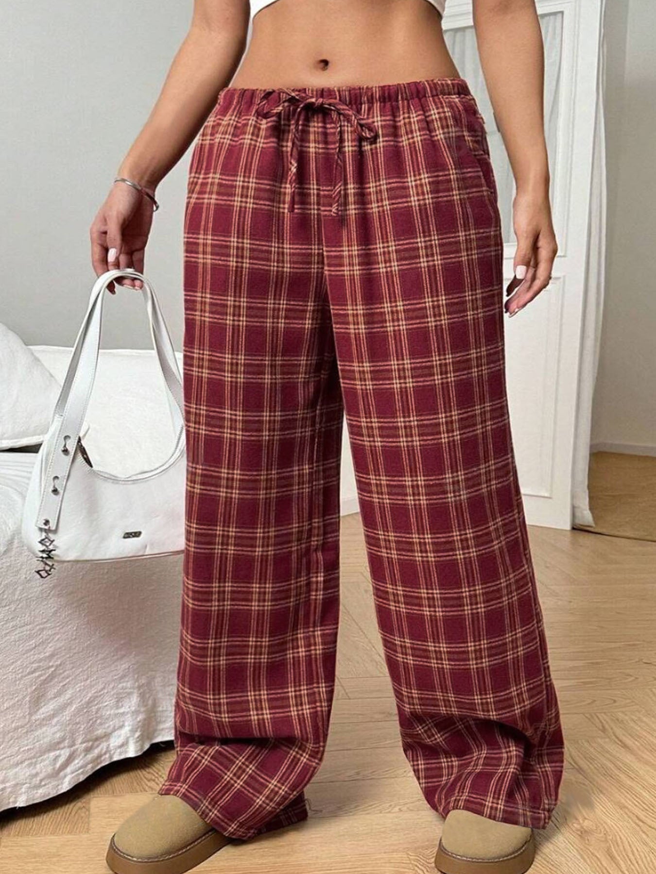 Women's Plaid Pants Comfortable Elastic With Pockets
