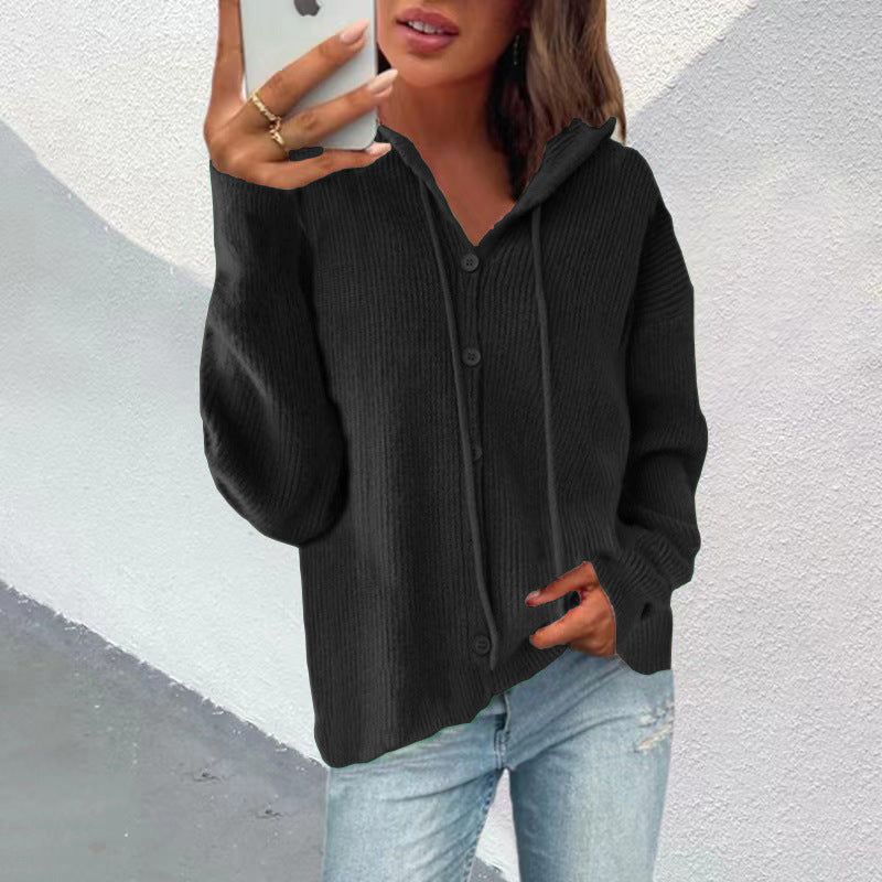 Women's Cardigan Hood Button Placket Elegant Outerwear