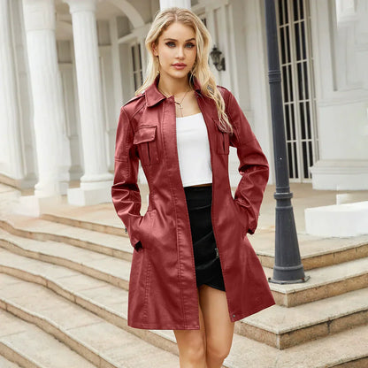 Elegant Women's Long Leather Jacket with Pockets