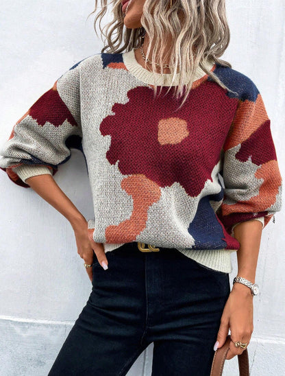 Patterned Knitted Sweater Loose Fit Round Neck
