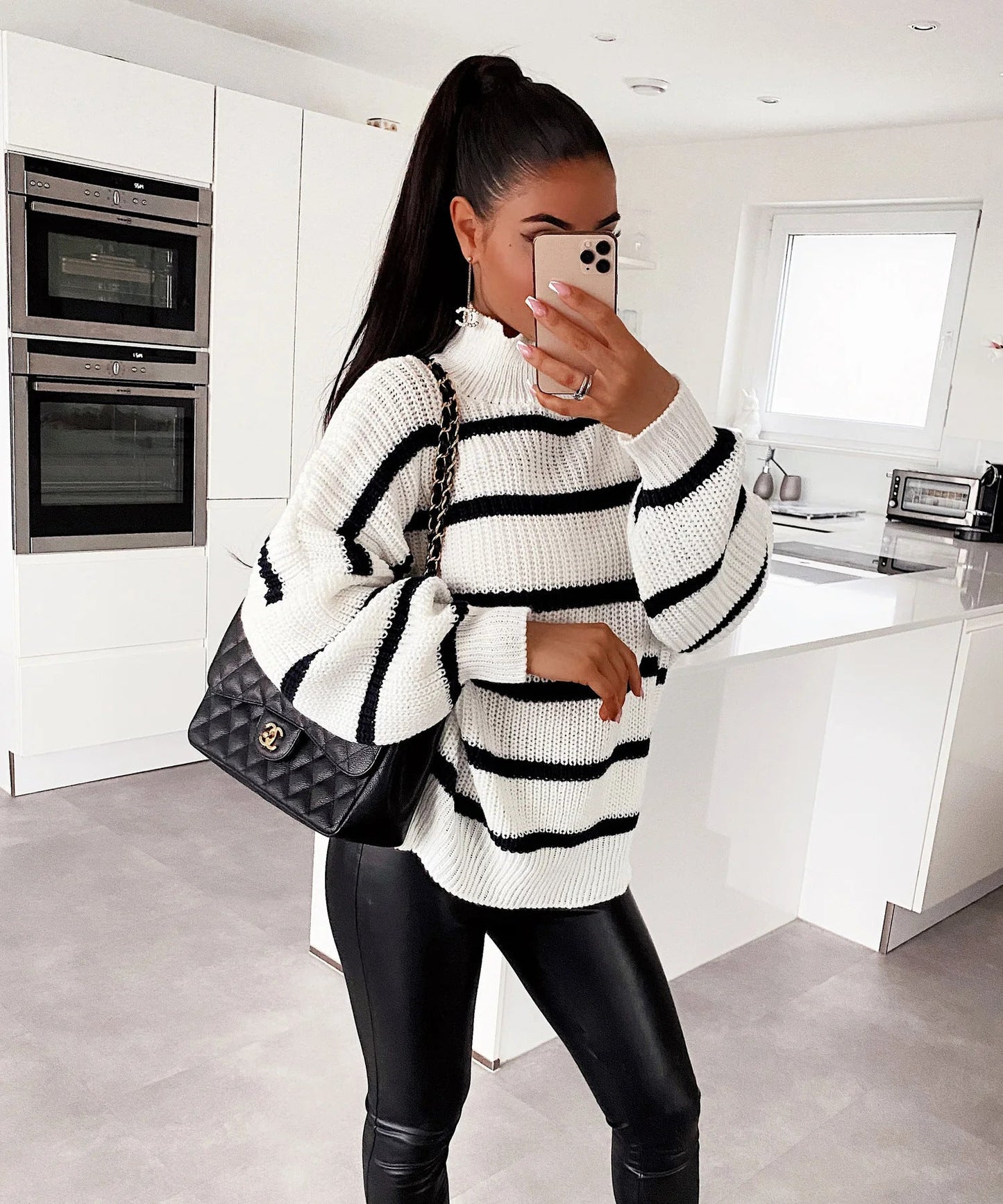 Women's Oversized Striped Turtleneck Sweater Modern