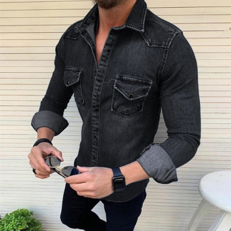 Men's Denim Shirt Modern Slim Fit Chest Pockets